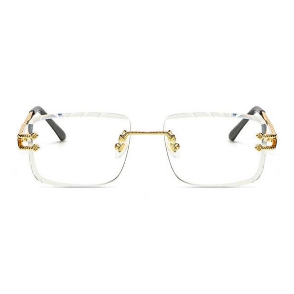 Men's Gem Cut Gold Frame Clear Lens Rectangular Luxury Rimless Hip Hop Glasses - Picture 2 of 4